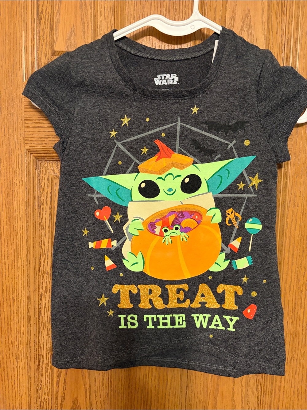 Star Wars Charcoal Tee with Green & Orange Baby Yoda Pumpkin Graphic